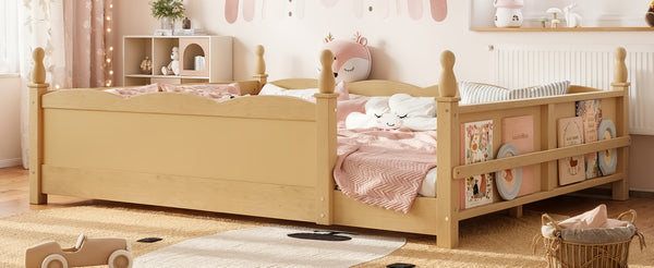 English Elm Queen Montessori Floor Bed with Guardrails Bookshelf and Pine Wood Kids Frame Natural W5305P494574