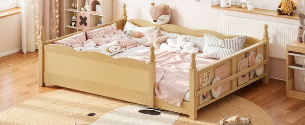 English Elm Queen Montessori Floor Bed with Guardrails Bookshelf and Pine Wood Kids Frame Natural W5305P494574