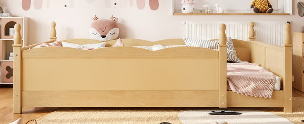 English Elm Queen Montessori Floor Bed with Guardrails Bookshelf and Pine Wood Kids Frame Natural W5305P494574