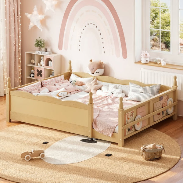English Elm Queen Montessori Floor Bed with Guardrails Bookshelf and Pine Wood Kids Frame Natural W5305P494574