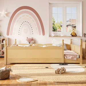 English Elm Queen Montessori Floor Bed with Guardrails Bookshelf and Pine Wood Kids Frame Natural W5305P494574