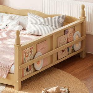 English Elm Queen Montessori Floor Bed with Guardrails Bookshelf and Pine Wood Kids Frame Natural W5305P494574