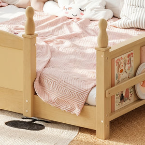 English Elm Queen Montessori Floor Bed with Guardrails Bookshelf and Pine Wood Kids Frame Natural W5305P494574