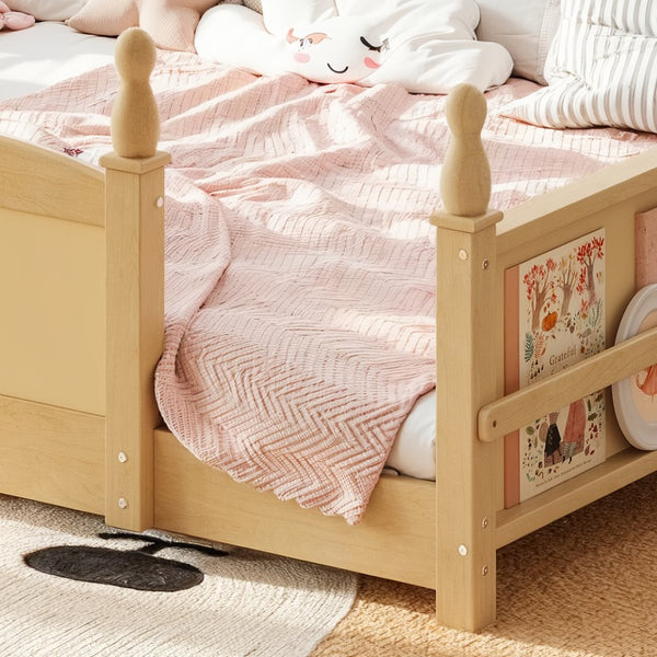 English Elm Queen Montessori Floor Bed with Guardrails Bookshelf and Pine Wood Kids Frame Natural W5305P494574