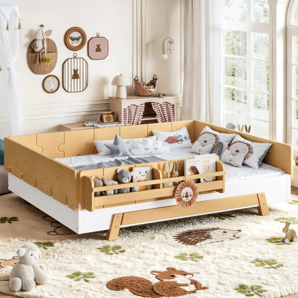 English Elm Full Size Montessori Pine Floor Bed with Guardrails and Built-In Bookshelves for Kids White & Natural W5305P501295