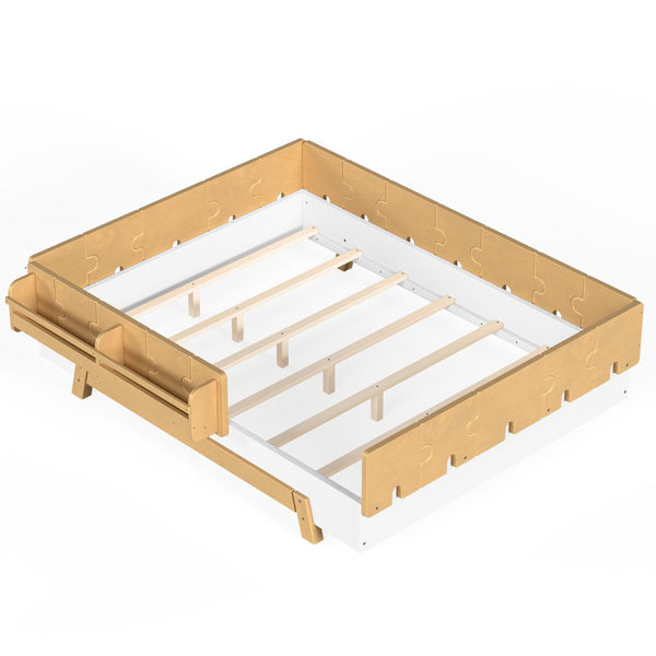 English Elm Full Size Montessori Pine Floor Bed with Guardrails and Built-In Bookshelves for Kids White & Natural W5305P501295