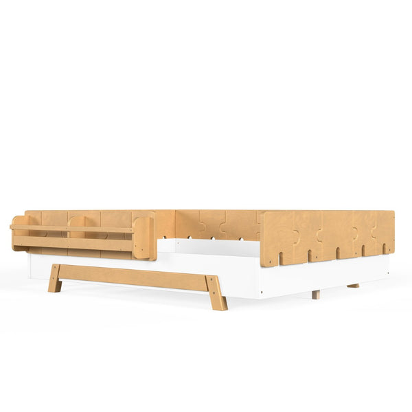 English Elm Full Size Montessori Pine Floor Bed with Guardrails and Built-In Bookshelves for Kids White & Natural W5305P501295