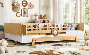 English Elm Full Size Montessori Pine Floor Bed with Guardrails and Built-In Bookshelves for Kids White & Natural W5305P501295