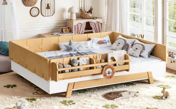 English Elm Full Size Montessori Pine Floor Bed with Guardrails and Built-In Bookshelves for Kids White & Natural W5305P501295