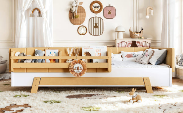 English Elm Full Size Montessori Pine Floor Bed with Guardrails and Built-In Bookshelves for Kids White & Natural W5305P501295