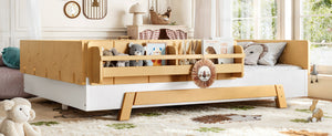 English Elm Full Size Montessori Pine Floor Bed with Guardrails and Built-In Bookshelves for Kids White & Natural W5305P501295