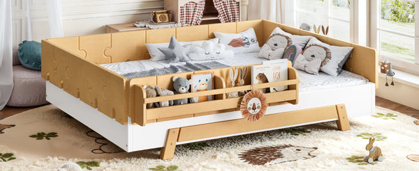 English Elm Full Size Montessori Pine Floor Bed with Guardrails and Built-In Bookshelves for Kids White & Natural W5305P501295