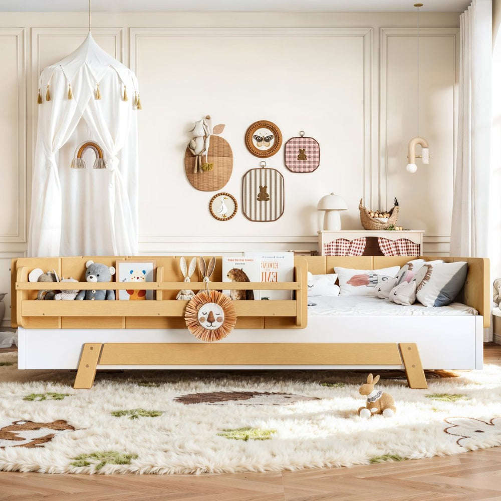 English Elm Full Size Montessori Pine Floor Bed with Guardrails and Built-In Bookshelves for Kids White & Natural W5305P501295
