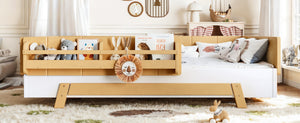 English Elm Full Size Montessori Pine Floor Bed with Guardrails and Built-In Bookshelves for Kids White & Natural W5305P501295