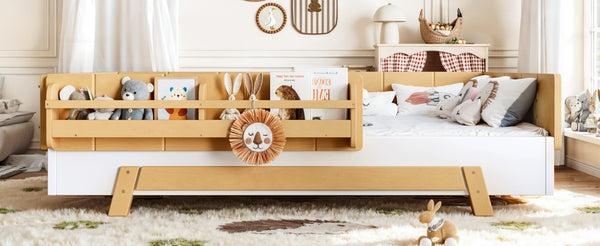 English Elm Full Size Montessori Pine Floor Bed with Guardrails and Built-In Bookshelves for Kids White & Natural W5305P501295