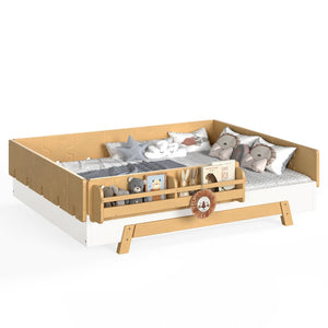 English Elm Full Size Montessori Pine Floor Bed with Guardrails and Built-In Bookshelves for Kids White & Natural W5305P501295