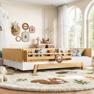 English Elm Full Size Montessori Pine Floor Bed with Guardrails and Built-In Bookshelves for Kids White & Natural W5305P501295