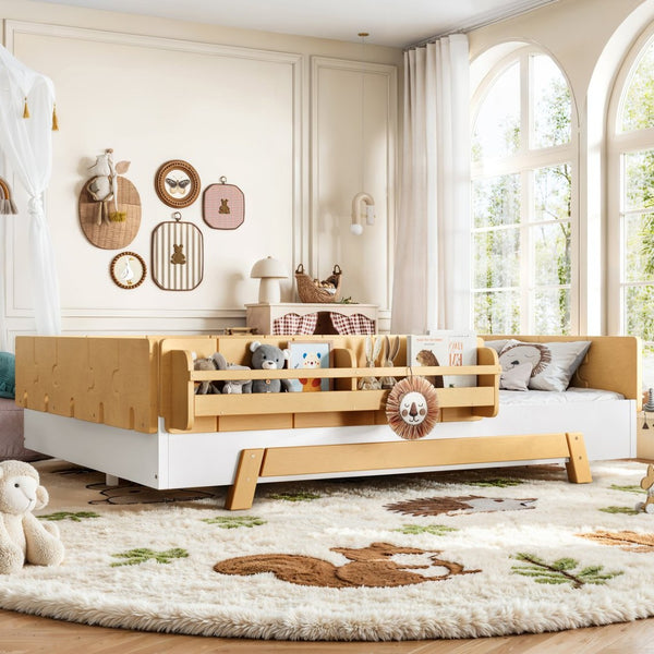 English Elm Full Size Montessori Pine Floor Bed with Guardrails and Built-In Bookshelves for Kids White & Natural W5305P501295