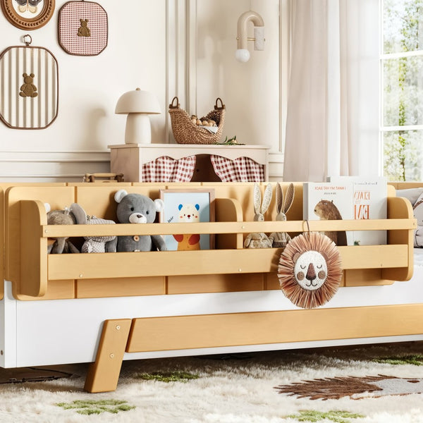 English Elm Full Size Montessori Pine Floor Bed with Guardrails and Built-In Bookshelves for Kids White & Natural W5305P501295