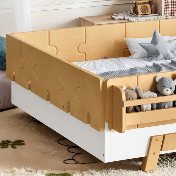 English Elm Full Size Montessori Pine Floor Bed with Guardrails and Built-In Bookshelves for Kids White & Natural W5305P501295