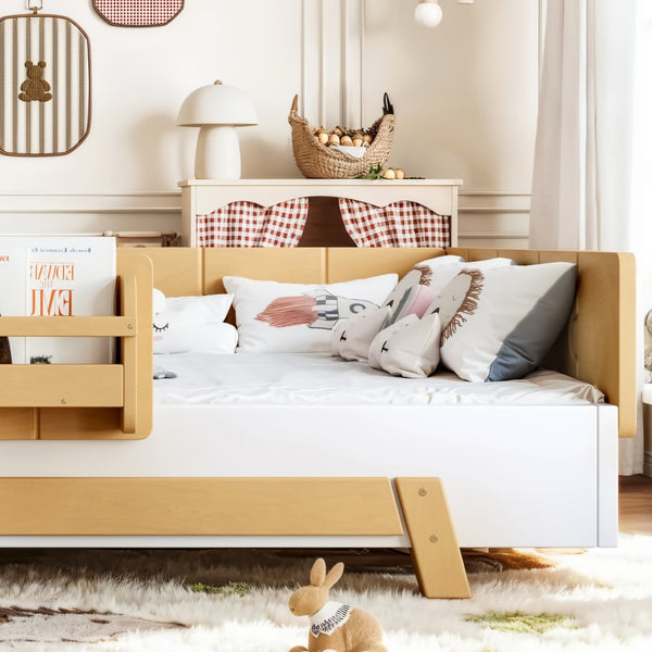 English Elm Full Size Montessori Pine Floor Bed with Guardrails and Built-In Bookshelves for Kids White & Natural W5305P501295