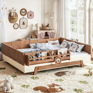 English Elm Full Size Montessori Pine Floor Bed with Guardrails and Built-In Bookshelves for Kids Beige & Deep Natural W5305P501296