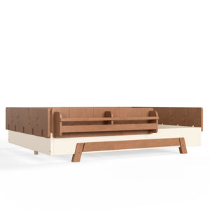 English Elm Full Size Montessori Pine Floor Bed with Guardrails and Built-In Bookshelves for Kids Beige & Deep Natural W5305P501296