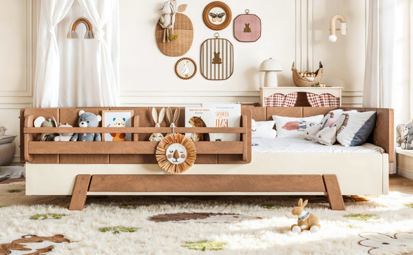 English Elm Full Size Montessori Pine Floor Bed with Guardrails and Built-In Bookshelves for Kids Beige & Deep Natural W5305P501296