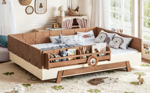 English Elm Full Size Montessori Pine Floor Bed with Guardrails and Built-In Bookshelves for Kids Beige & Deep Natural W5305P501296