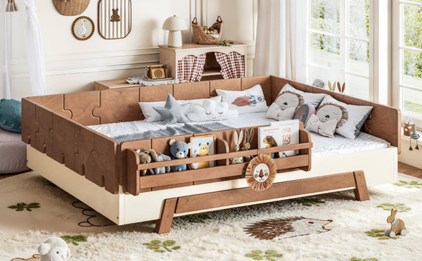 English Elm Full Size Montessori Pine Floor Bed with Guardrails and Built-In Bookshelves for Kids Beige & Deep Natural W5305P501296