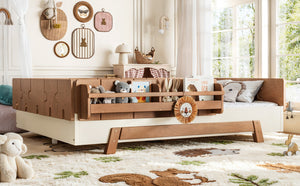 English Elm Full Size Montessori Pine Floor Bed with Guardrails and Built-In Bookshelves for Kids Beige & Deep Natural W5305P501296