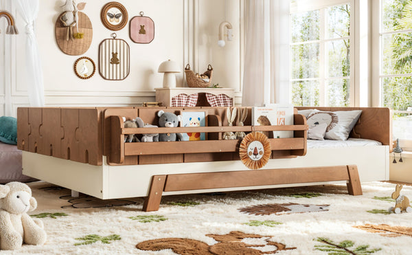 English Elm Full Size Montessori Pine Floor Bed with Guardrails and Built-In Bookshelves for Kids Beige & Deep Natural W5305P501296
