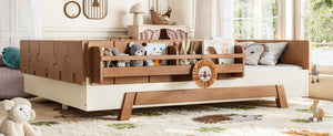 English Elm Full Size Montessori Pine Floor Bed with Guardrails and Built-In Bookshelves for Kids Beige & Deep Natural W5305P501296