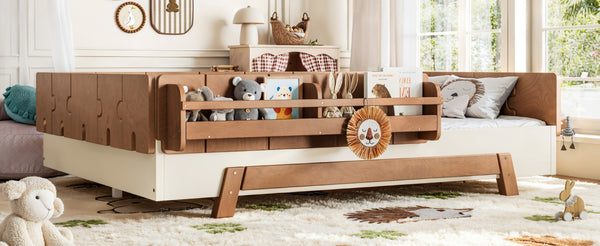 English Elm Full Size Montessori Pine Floor Bed with Guardrails and Built-In Bookshelves for Kids Beige & Deep Natural W5305P501296