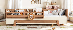 English Elm Full Size Montessori Pine Floor Bed with Guardrails and Built-In Bookshelves for Kids Beige & Deep Natural W5305P501296