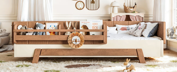 English Elm Full Size Montessori Pine Floor Bed with Guardrails and Built-In Bookshelves for Kids Beige & Deep Natural W5305P501296