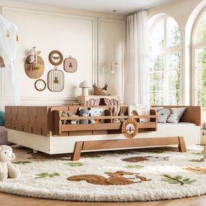 English Elm Full Size Montessori Pine Floor Bed with Guardrails and Built-In Bookshelves for Kids Beige & Deep Natural W5305P501296