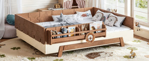 English Elm Full Size Montessori Pine Floor Bed with Guardrails and Built-In Bookshelves for Kids Beige & Deep Natural W5305P501296