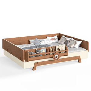 English Elm Full Size Montessori Pine Floor Bed with Guardrails and Built-In Bookshelves for Kids Beige & Deep Natural W5305P501296
