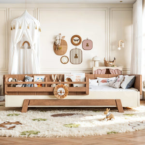 English Elm Full Size Montessori Pine Floor Bed with Guardrails and Built-In Bookshelves for Kids Beige & Deep Natural W5305P501296