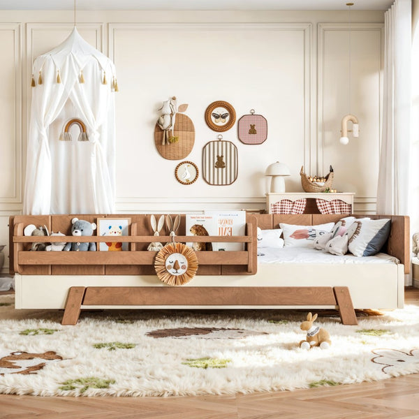 English Elm Full Size Montessori Pine Floor Bed with Guardrails and Built-In Bookshelves for Kids Beige & Deep Natural W5305P501296