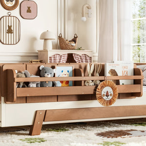 English Elm Full Size Montessori Pine Floor Bed with Guardrails and Built-In Bookshelves for Kids Beige & Deep Natural W5305P501296