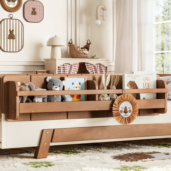 English Elm Full Size Montessori Pine Floor Bed with Guardrails and Built-In Bookshelves for Kids Beige & Deep Natural W5305P501296