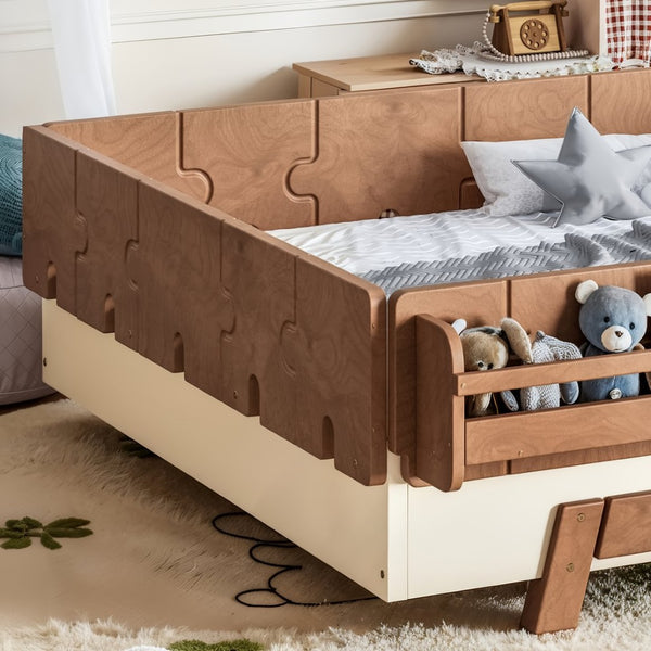 English Elm Full Size Montessori Pine Floor Bed with Guardrails and Built-In Bookshelves for Kids Beige & Deep Natural W5305P501296