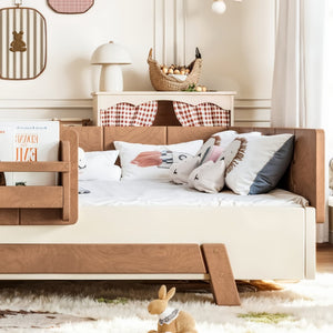 English Elm Full Size Montessori Pine Floor Bed with Guardrails and Built-In Bookshelves for Kids Beige & Deep Natural W5305P501296