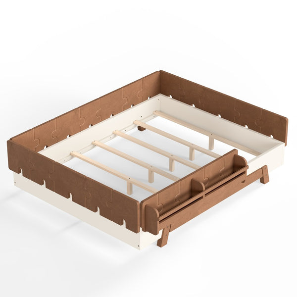 English Elm Full Size Montessori Pine Floor Bed with Guardrails and Built-In Bookshelves for Kids Beige & Deep Natural W5305P501296