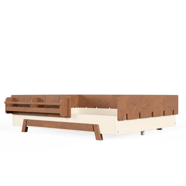 English Elm Full Size Montessori Pine Floor Bed with Guardrails and Built-In Bookshelves for Kids Beige & Deep Natural W5305P501296