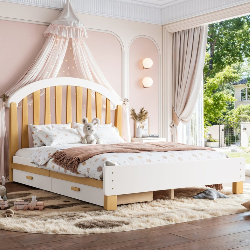 English Elm Full Twin Pine Wood Platform Bed with Round Headboard Storage Drawer No Box Spring Light Natural / White W5305P501361