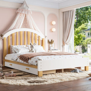 English Elm Full Twin Pine Wood Platform Bed with Round Headboard Storage Drawer No Box Spring Light Natural / White W5305P501361