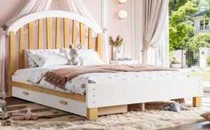 English Elm Full Twin Pine Wood Platform Bed with Round Headboard Storage Drawer No Box Spring Light Natural / White W5305P501361